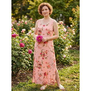 Vintage Karin Stevens Pink Floral Rayon Maxi Dress Y2K Sleeveless Size 10